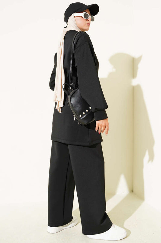 بدلة غوص من قطعتين مع نفق خصر، لون أسود