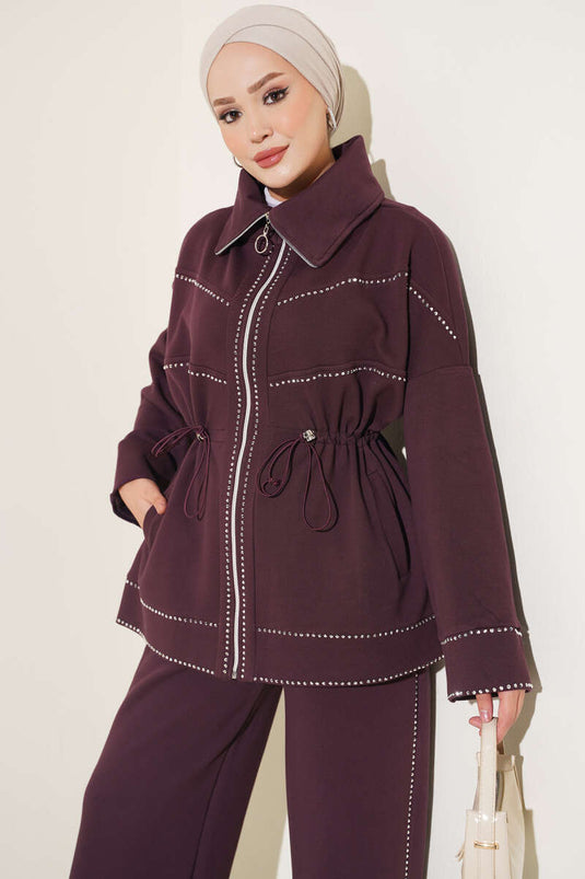 Belted Embellished Two-Piece Set In Plum