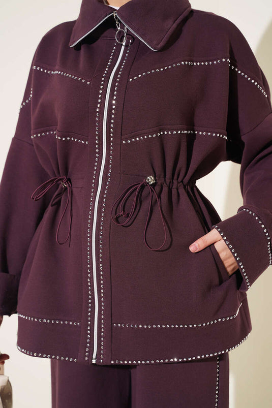 Belted Embellished Two-Piece Set In Plum