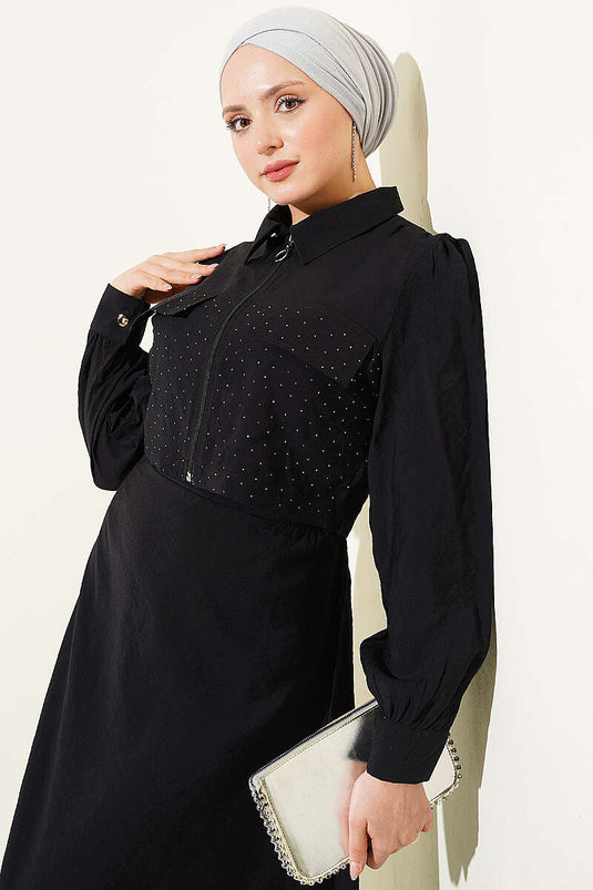 Ensemble robe salopette avec veste à pierres et ceinture noire Bel Tünelli