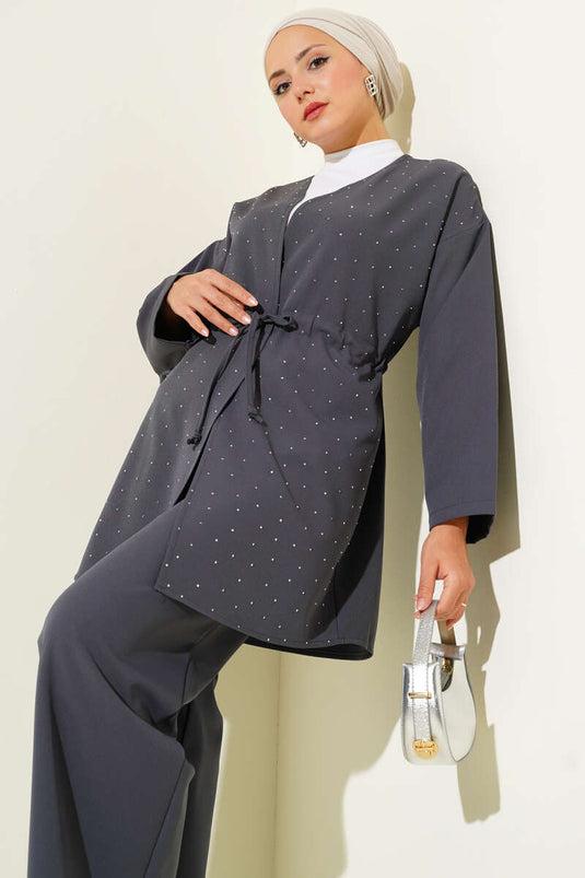 Bel Tünelli Taşlı Kimono İkili Takım Füme