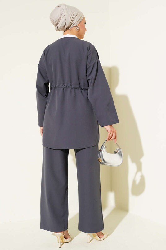 Bel Tünelli Taşlı Kimono İkili Takım Füme