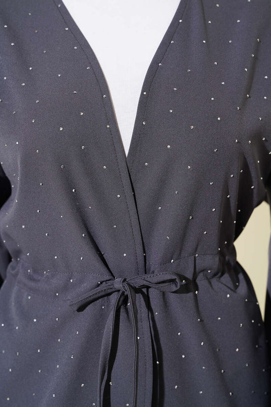 Bel Tünelli Taşlı Kimono İkili Takım Füme