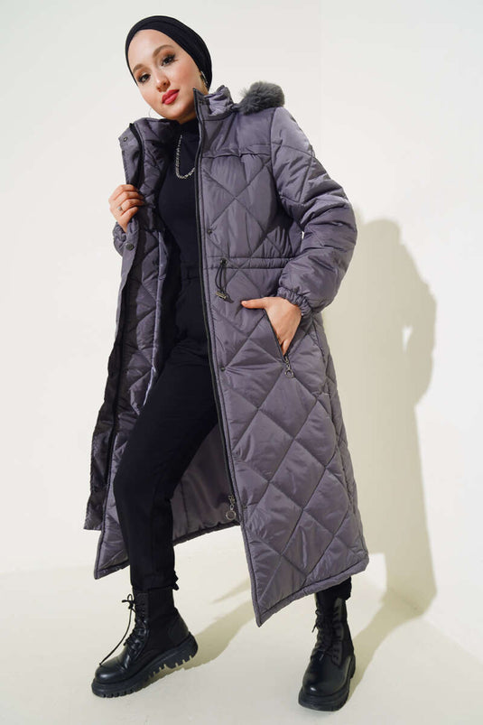 Manteau Matelassé Long avec Tunnel à la Taille Gris Ardoise