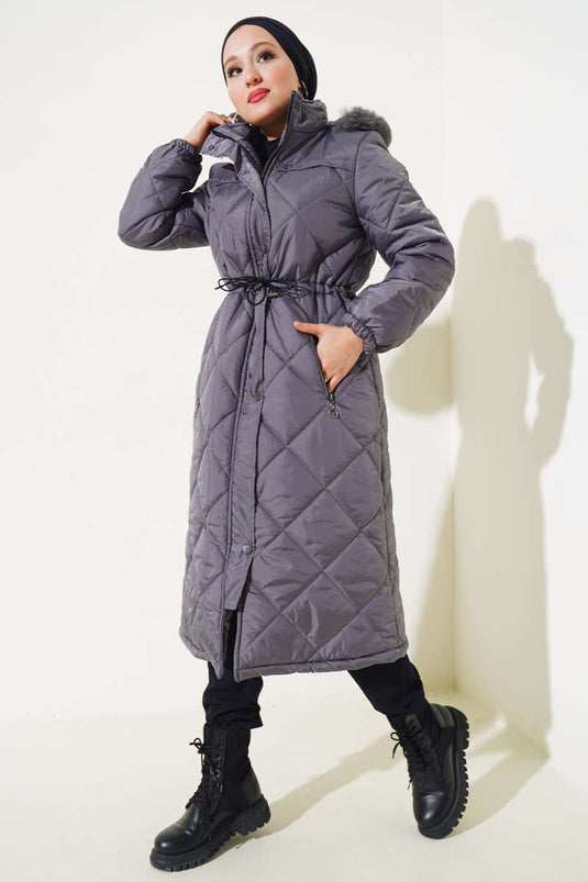 Manteau Matelassé Long avec Tunnel à la Taille Gris Ardoise