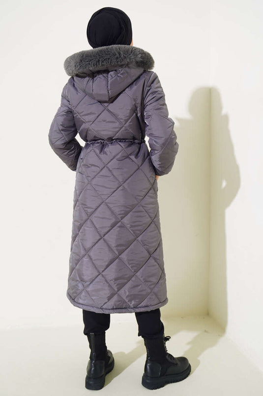 Manteau Matelassé Long avec Tunnel à la Taille Gris Ardoise