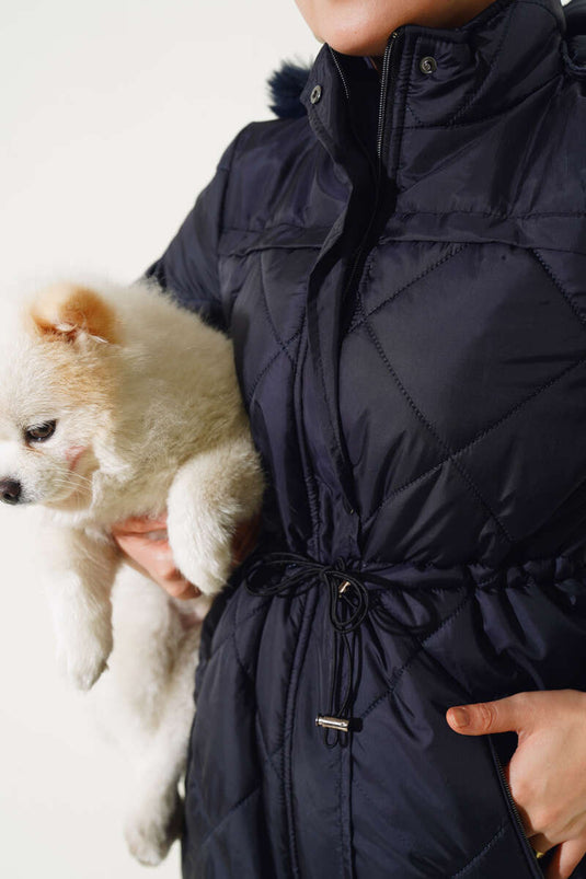 Manteau Matelassé Long avec Tunnel à la Taille Bleu Marine