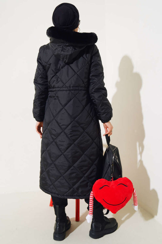 Manteau Matelassé Long avec Tunnel à la Taille Noir