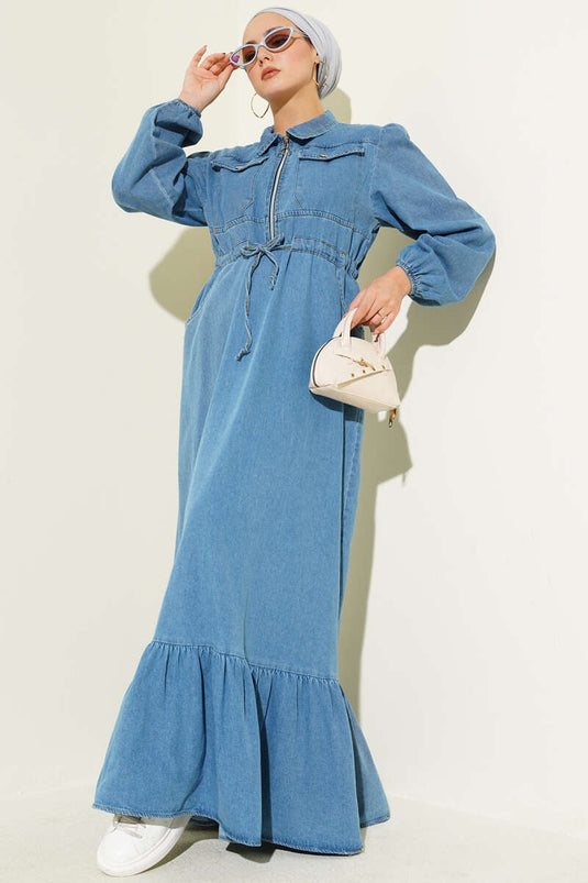 Bel Tünelli Yaka Fermuarlı Kot Elbise Açık Mavi