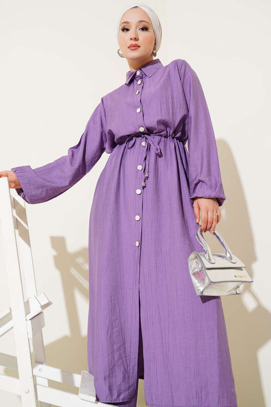 طقم تونيك طويل بفتحة جانبية وخصر من قطعتين، لون أرجواني