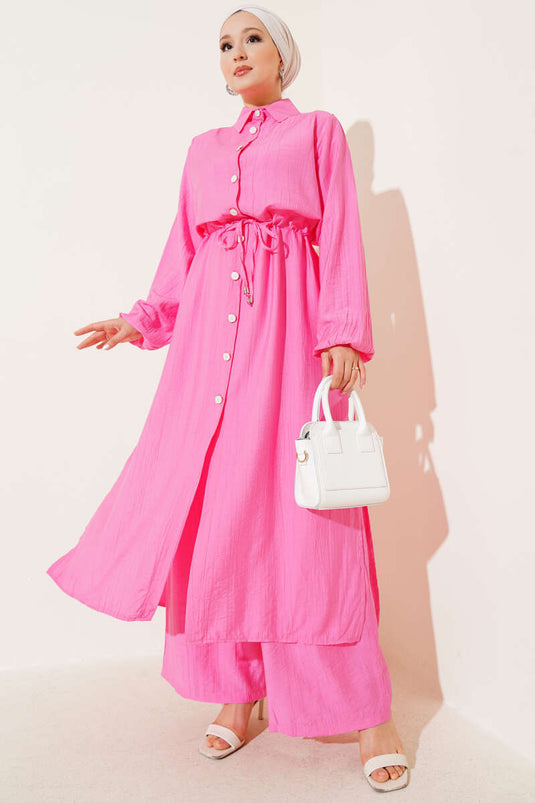 Bel Tünelli Yan Yırtmaçlı Uzun Tunik İkili Takım Pembe