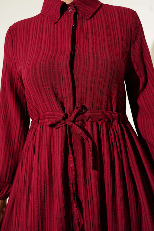 Bel Tünelli Yarım Gizli Düğmeli Elbise Bordo