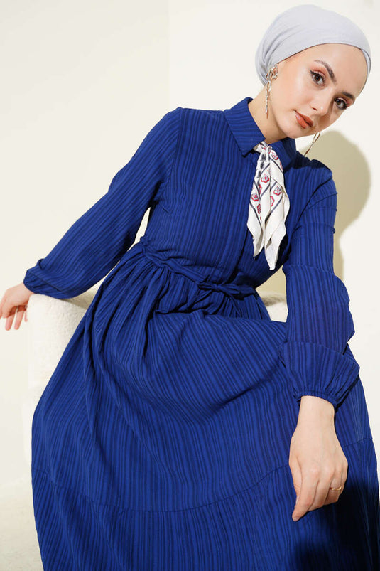 Bel Tünelli Yarım Gizli Düğmeli Elbise Lacivert