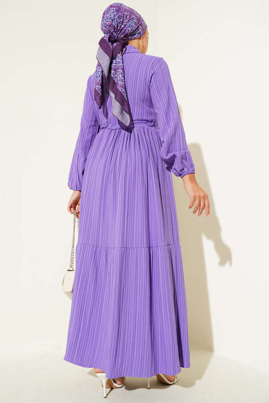 Bel Tünelli Yarım Gizli Düğmeli Elbise Lila