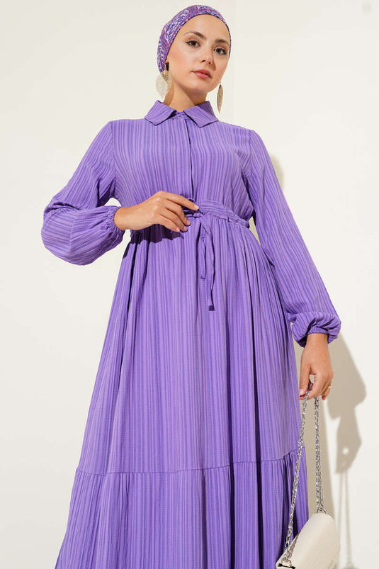 Bel Tünelli Yarım Gizli Düğmeli Elbise Lila