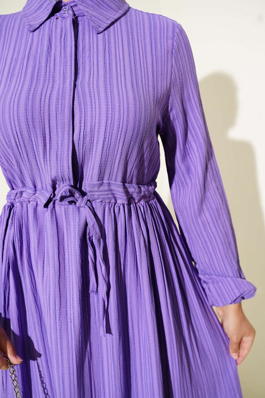 Bel Tünelli Yarım Gizli Düğmeli Elbise Lila