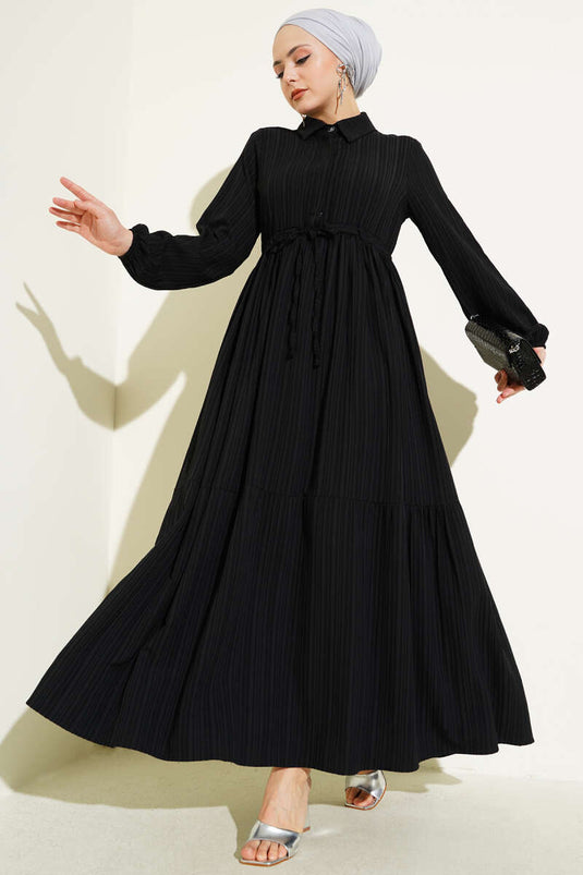 Waist Tunnel Half Hidden Button Dress Black