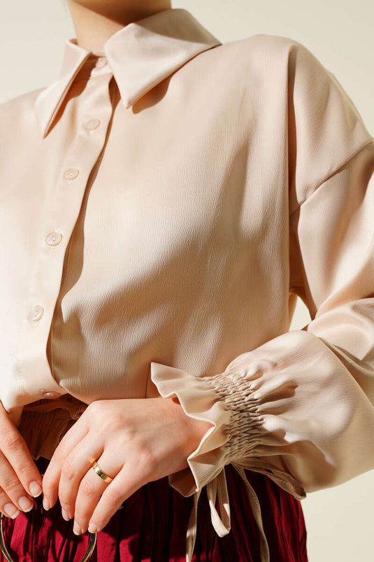 Chemise en satin beige avec poignets élastiqués Bel Ve Kol Ucu