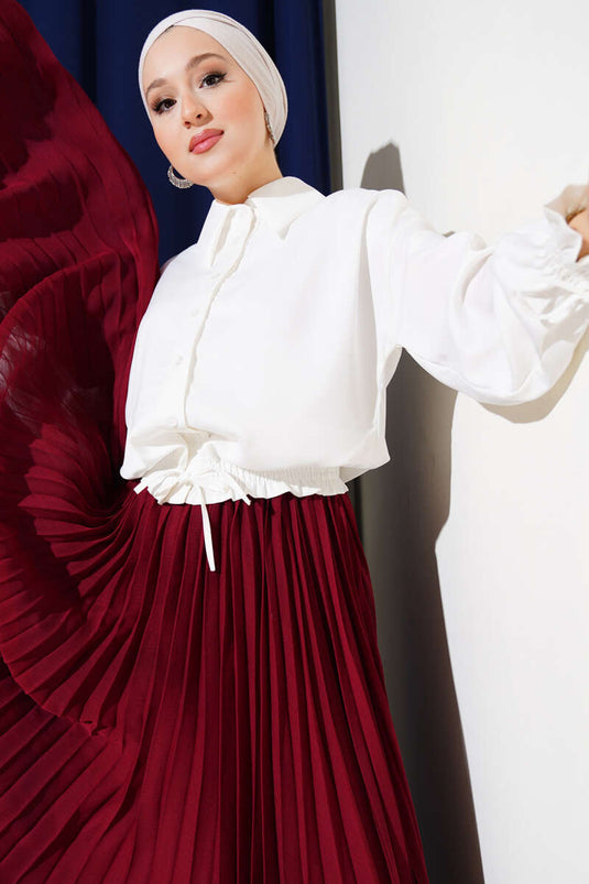 Bel Ve Kol Ucu Lastikli Saten Gömlek Ekru
