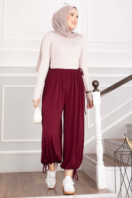 Pantalón Shirwal Ajustable Con Cinturón Y Puños Burdeos