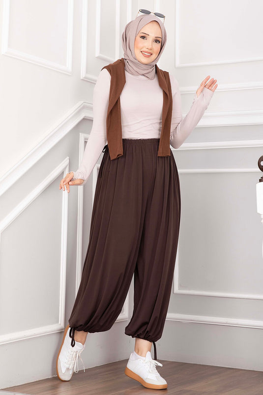 Bel Ve Paça Ayarlanabilir Şalvar Pantolon Kahve