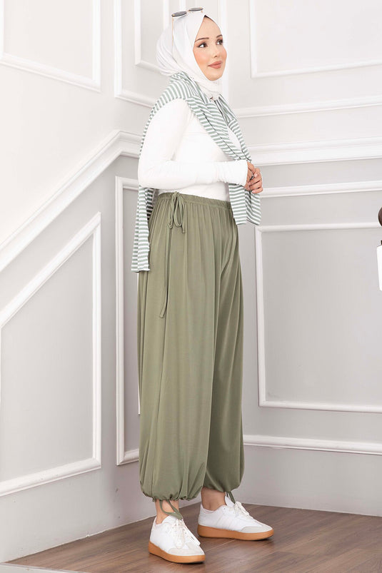 Bel Ve Paça Ayarlanabilir Şalvar Pantolon Yeşil Olive