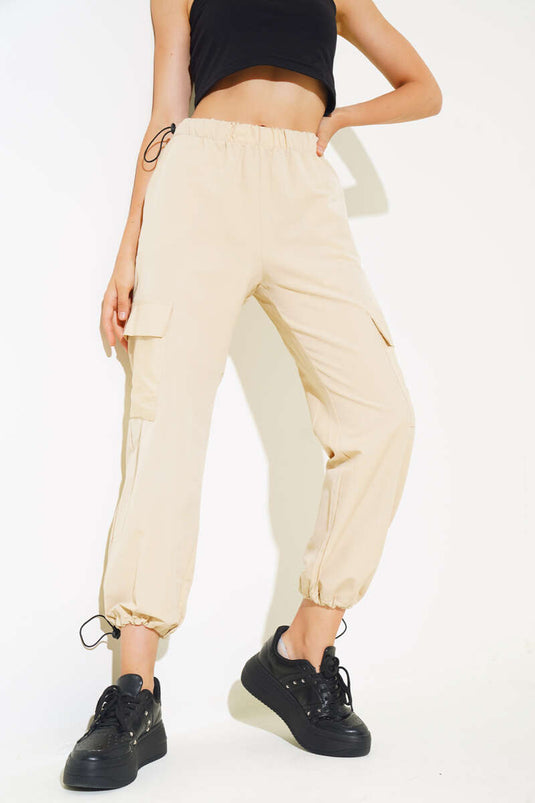 Bel Ve Paça Lastikli Kargo Cep Paraşüt Pantolon Bej