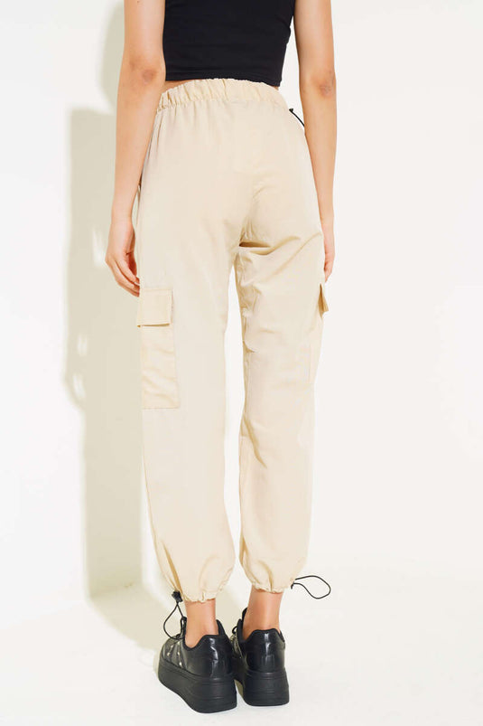 Bel Ve Paça Lastikli Kargo Cep Paraşüt Pantolon Bej