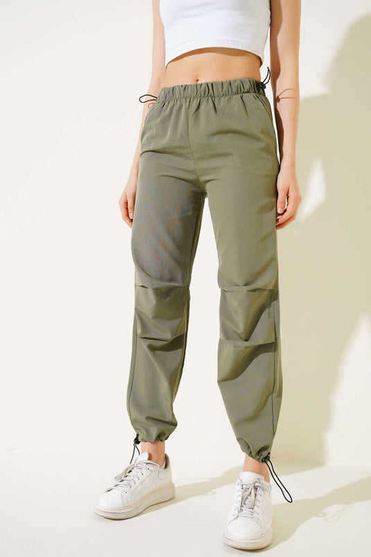 Bel Ve Paça Lastikli Paraşüt Pantolon Haki