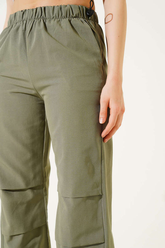 Bel Ve Paça Lastikli Paraşüt Pantolon Haki
