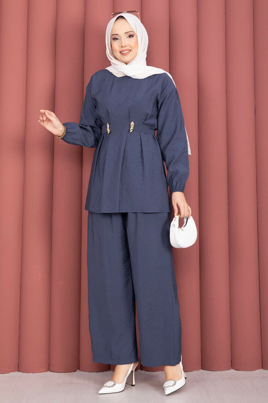 Belde Brooch Detailed Adjustable Pants Two-Piece Set Indigo