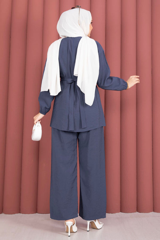 Belde Brooch Detailed Adjustable Pants Two-Piece Set Indigo