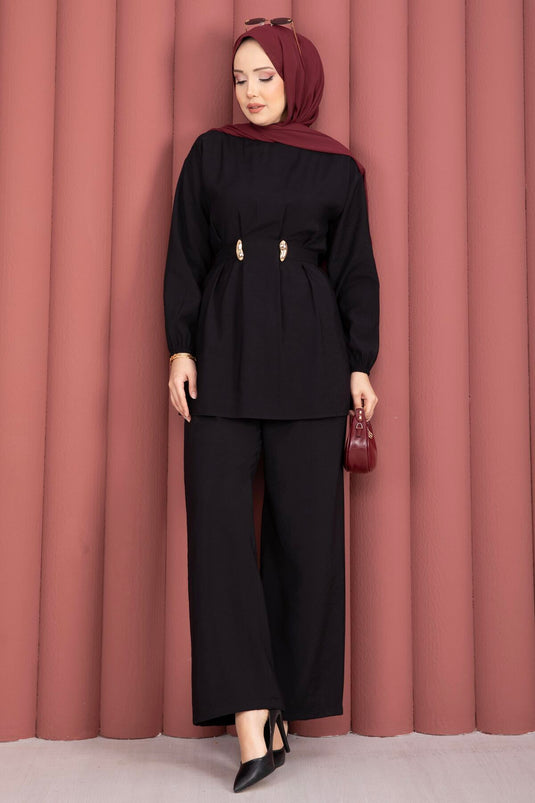 Ensemble deux pièces avec pantalon ajustable et broche Belde, noir