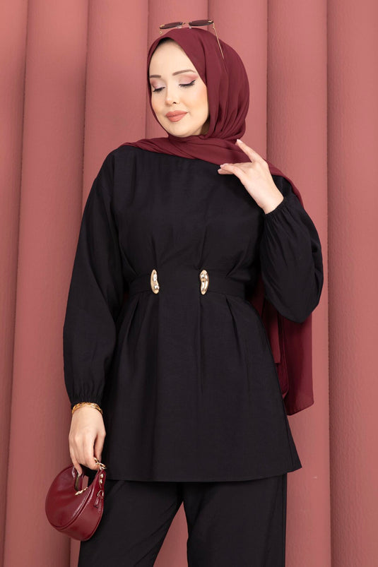 Ensemble deux pièces avec pantalon ajustable et broche Belde, noir