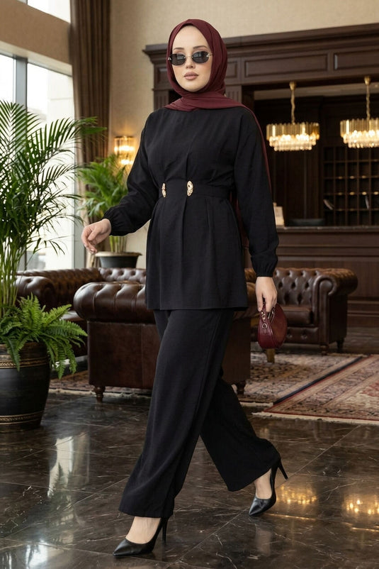 Ensemble deux pièces avec pantalon ajustable et broche Belde, noir