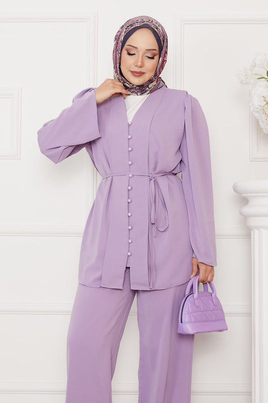 Belden Bağcıklı Brit Düğmeli Tesettür Takım Lila