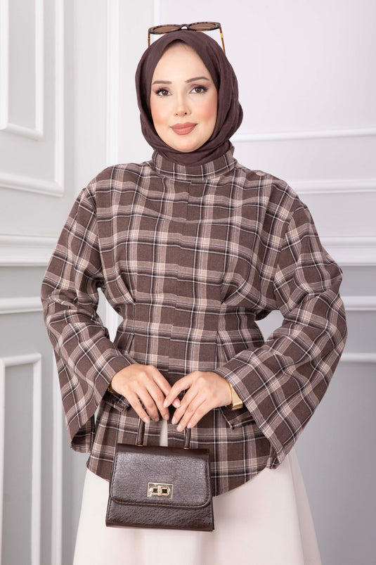 Belden Bağlama Detaylı Ekose Tunik Kahve