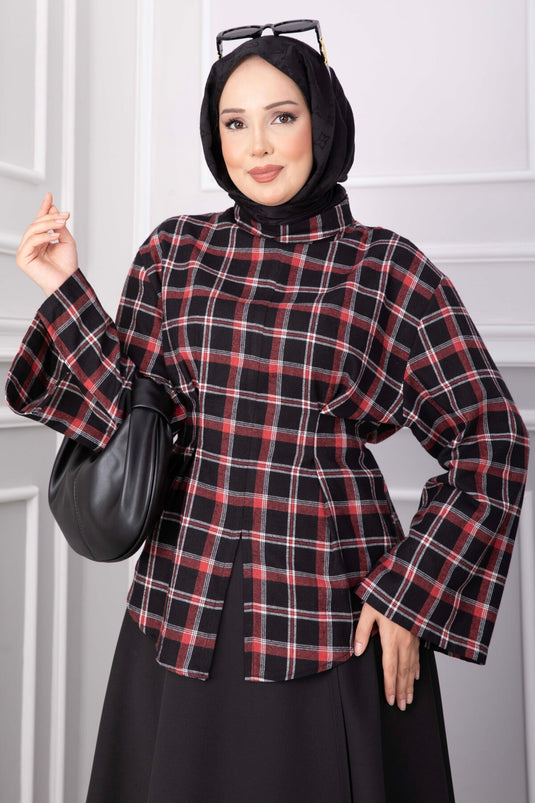 Belden Bağlama Detaylı Ekose Tunik Kırmızı