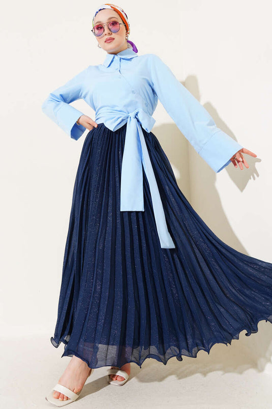 Belden Bağlama Detaylı Kısa Gömlek Bebe Mavi