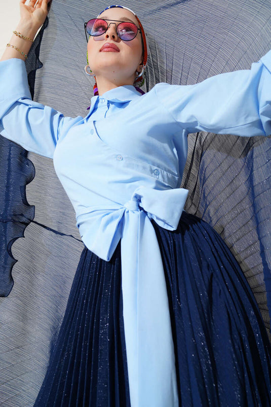 Belden Bağlama Detaylı Kısa Gömlek Bebe Mavi