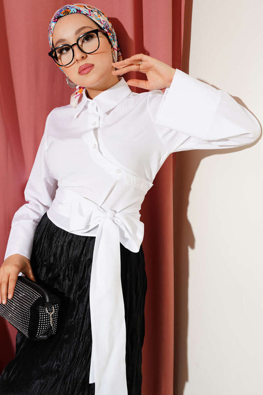 White Short Shirt with Belt Detail