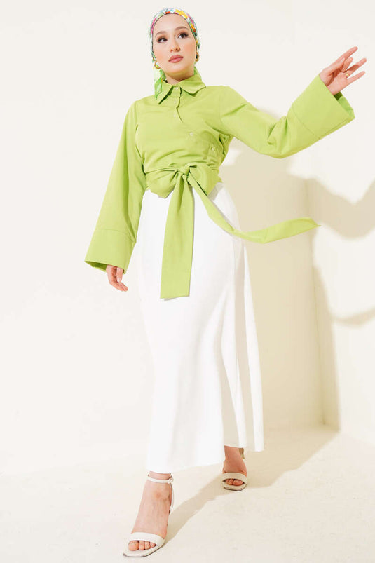 Belden Bağlama Detaylı Kısa Gömlek Fıstık Yeşili