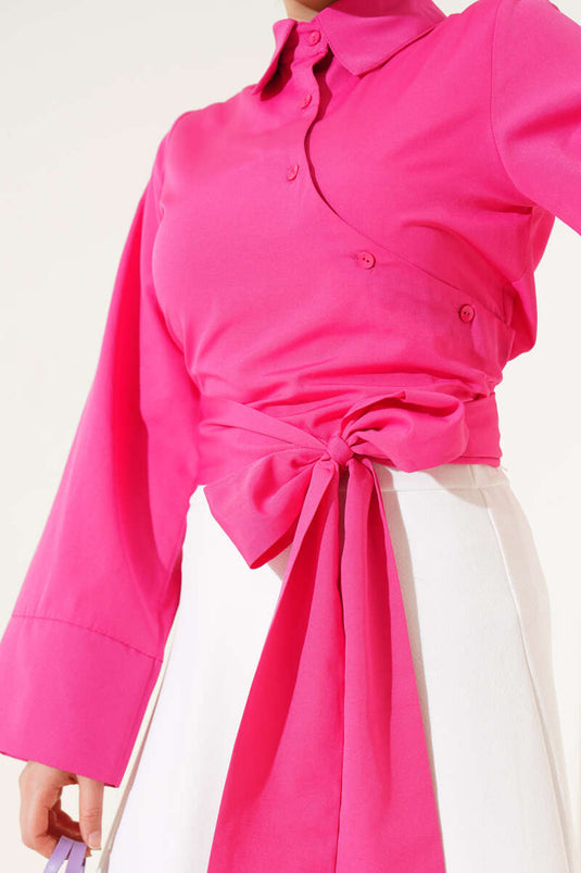 Belden Bağlama Detaylı Kısa Gömlek Fuşya