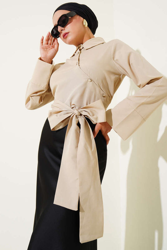 Belden Bağlama Detaylı Kısa Gömlek Kum Bej