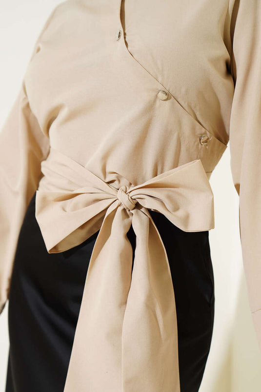 Belden Bağlama Detaylı Kısa Gömlek Kum Bej