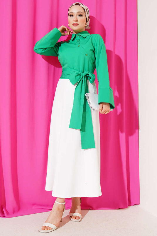 Belden Bağlama Detaylı Kısa Gömlek Yeşil