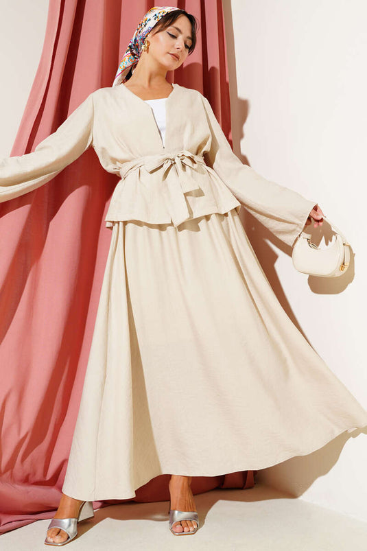 Belden Bağlamalı Etekli İkili Takım Bej