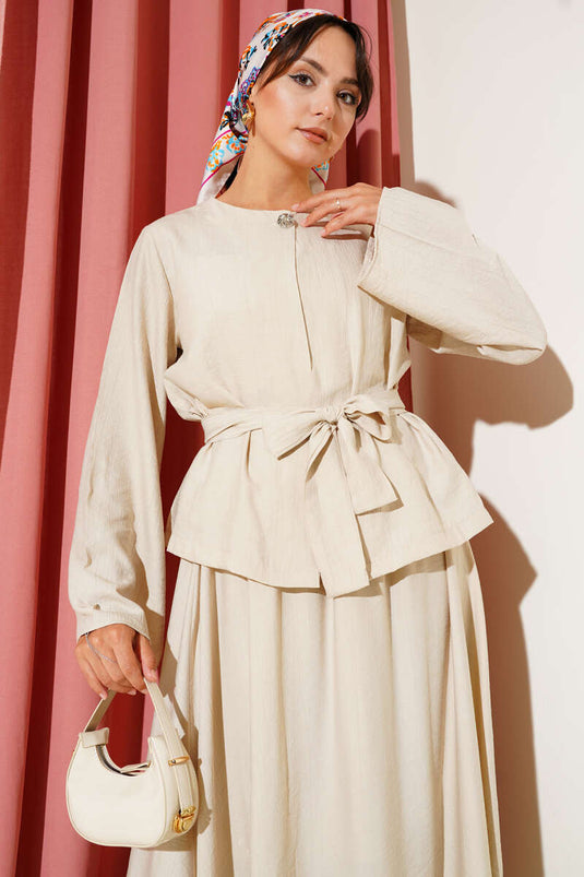 Belden Bağlamalı Etekli İkili Takım Bej