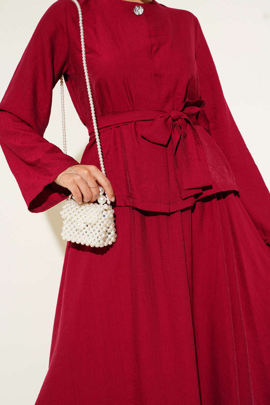 Belden Bağlamalı Etekli İkili Takım Bordo