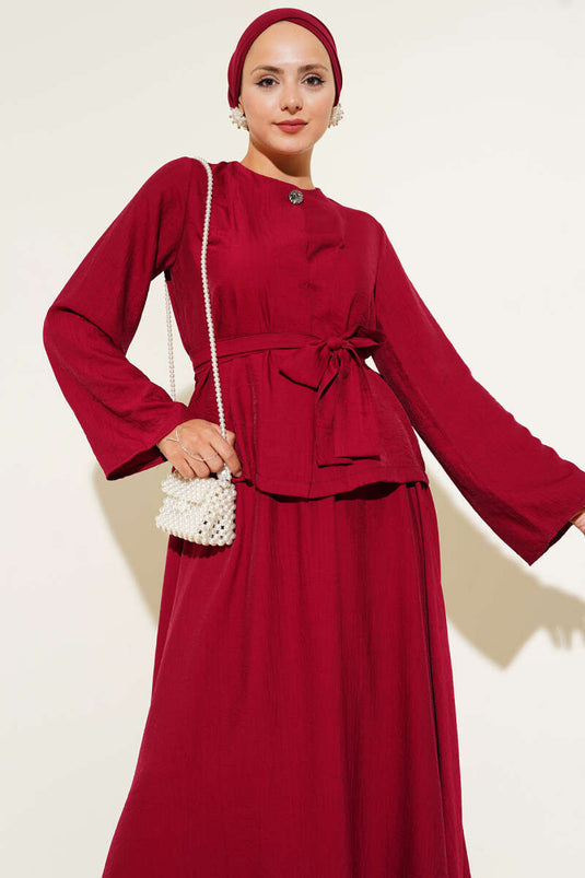 Belden Bağlamalı Etekli İkili Takım Bordo